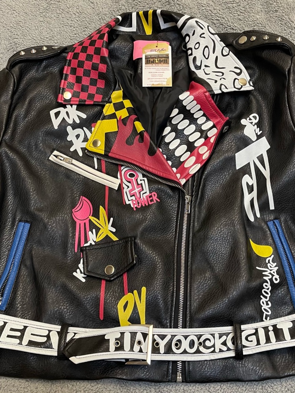 Black Graphic Faux Leather Bomber Jacket with Colorful Accents